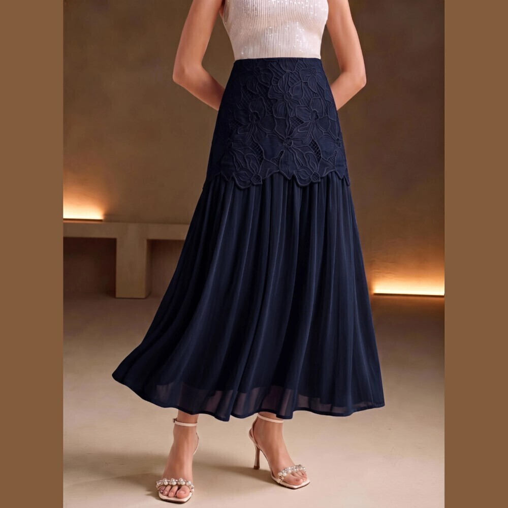 Navy Floral Lace Overlay Scalloped Hem Pleated Maxi Skirt